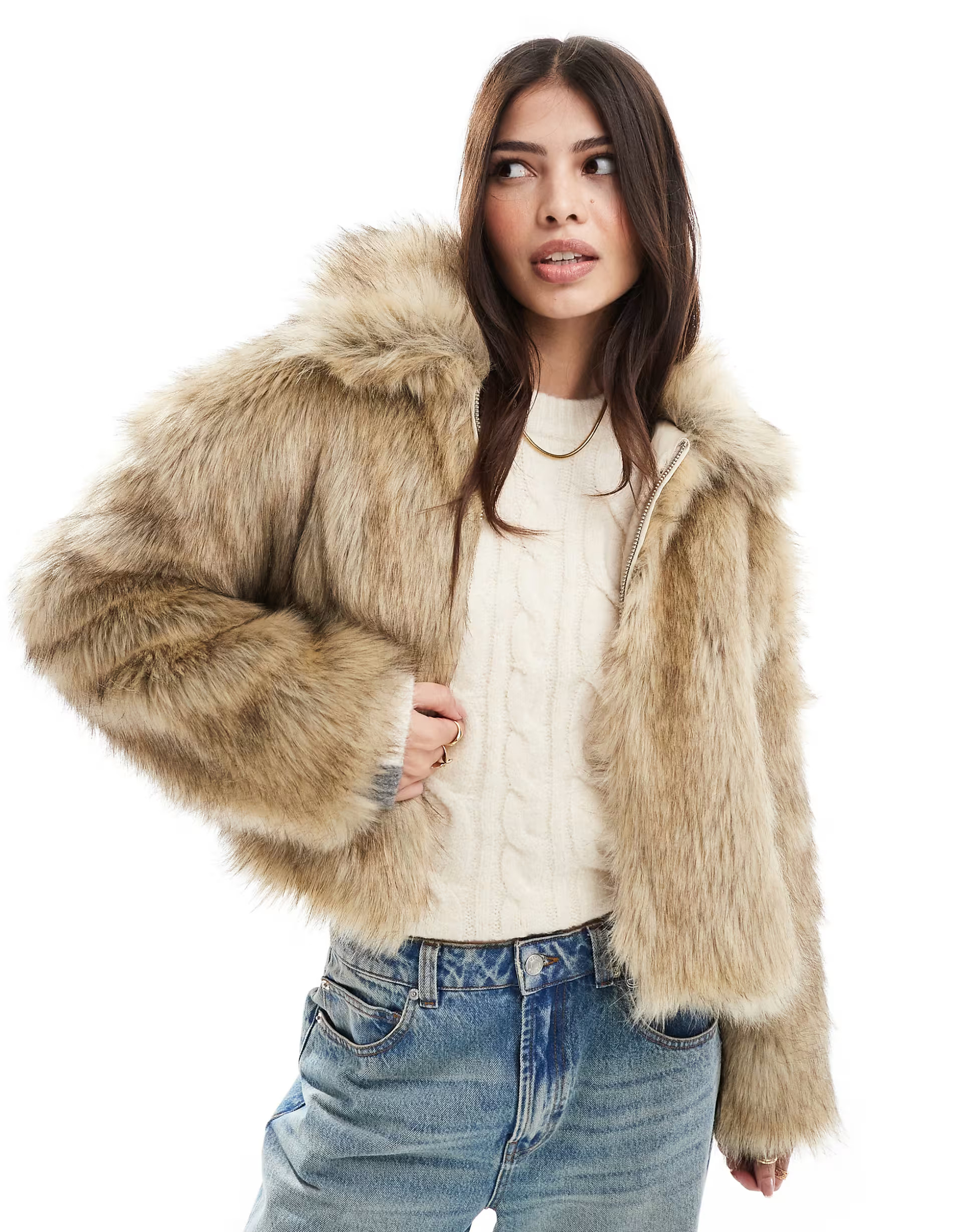 Stradivarius faux fur jacket in brown | ASOS (Global)
