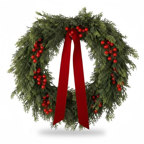 Suncalla 24'' Artificial Cedar Wreath for Front Door Christmas Wreaths Faux Cedar Decorated with Berry and Ribbons Xmas Wreath for Indoor Window Holiday Decor | Amazon (US)