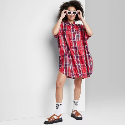 Women's Ascot + Hart Short Sleeve Graphic Woven Plaid Dress - Red | Target