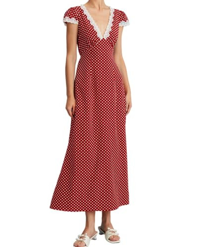 Women Summer Dresses Deep V Neck Polka Dot Prined Splice Lace Dress Elegant Cotton for Party Red XS | Amazon (US)