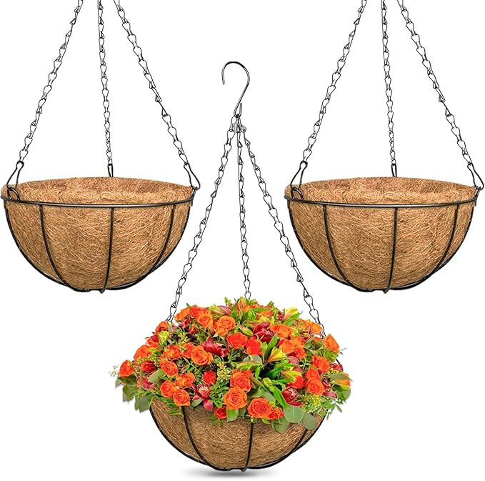 3 Pack 12 Inch Outdoor Hanging Baskets, Metal Wire Hanging Planters with Coconut Liners, Round Ha... | Amazon (US)