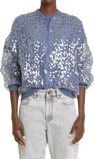 Brunello Cucinelli Sequin Cotton & Jute Zip Bomber Jacket | Nordstrom | Nordstrom