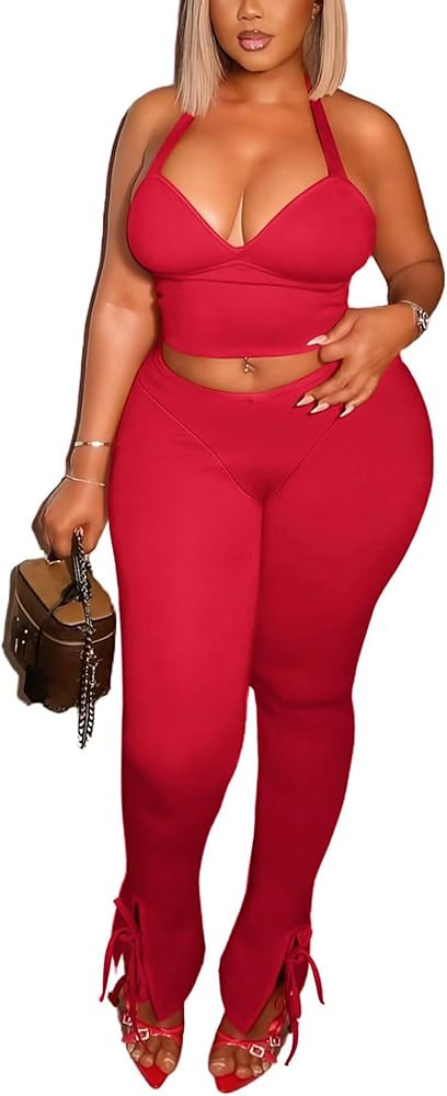 Kafiloe Birthday Club Outfits for Women Sexy 2 Piece Sets Going Out Halter Crop Top Bodycon Flare... | Amazon (US)