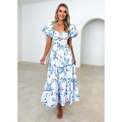 BLUEMING Women's Summer Dresses Puff Sleeve Floral Maxi Dress Casual V Neck Flowy Sundress - Blue,XL | Target