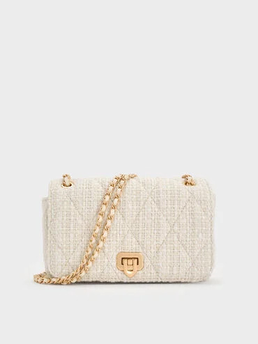 Arwen Tweed Diamond-Quilt Braided-Strap Shoulder Bag
    
         - Cream Tweed | Charles & Keith US