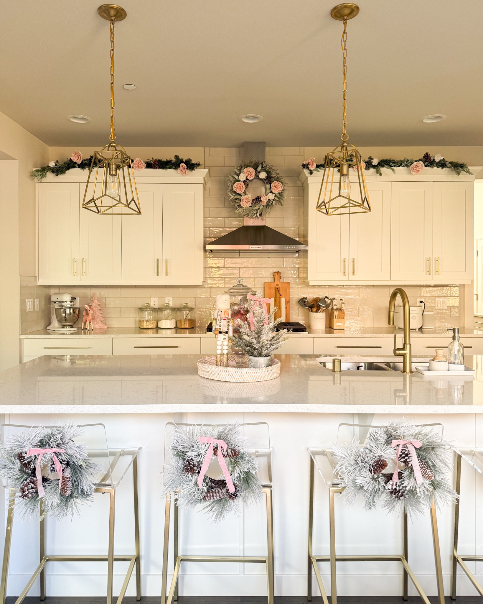 Kitchen Christmas decor! Holiday decor 

cutting board, home decor, bar stool, Christmas wreath, pink bows, cabinet hardware, glass jar, serving tray, charcuterie board 

#LTKHome #LTKSeasonal #LTKHoliday