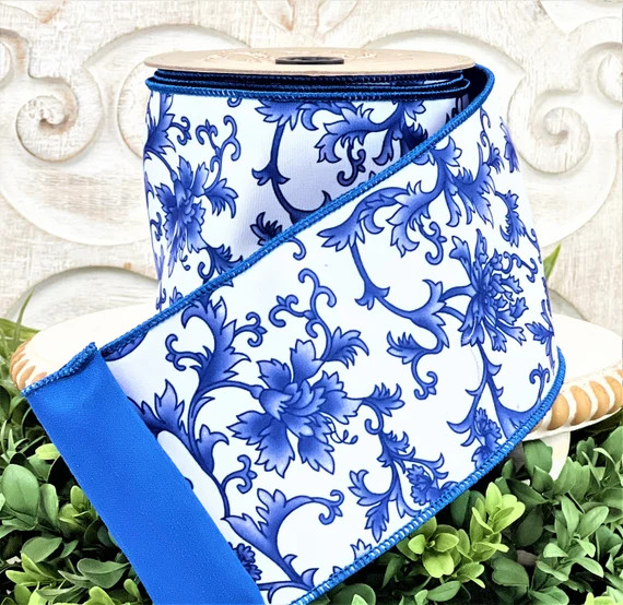 D Stevens Chinoiserie Ribbon, 4 Inch x 10 Yard Luxury Wired Ribbon, Blue and White Ribbon, D Stev... | Etsy (US)