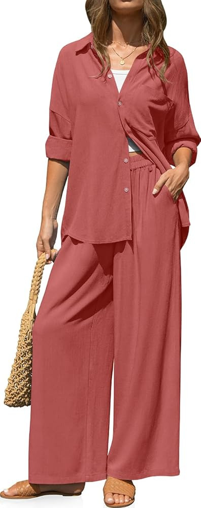TARSE Women's Linen 2 Piece Outfits Casual Lounge Sets Long Sleeve Button Down Shirts Wide Leg Pa... | Amazon (US)