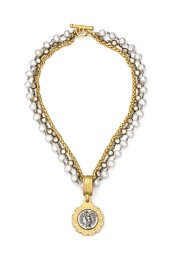 TRIPLE STRANDED WHITE PEARLS WITH SILVER WIRE, PETITE CHEVAL CHAIN, EURO CRYSTAL AND MINI SAINT M... | French Kande (US)