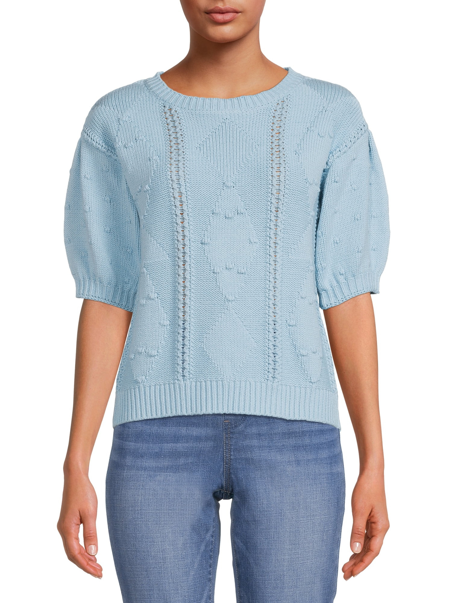 Time and Tru Women's Pullover Cable Sweater with Short Sleeves | Walmart (US)