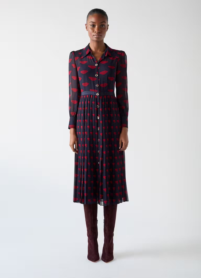 Tallis Blue & Navy Lips Print Pleated Dress | L.K. Bennett (UK)
