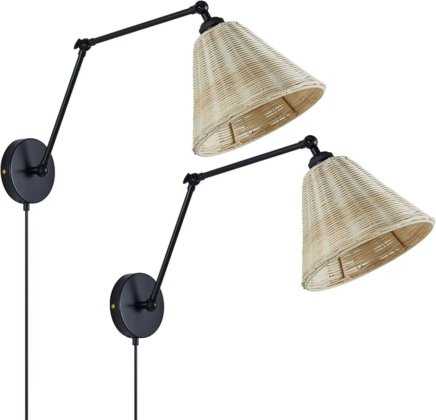 Plug in Wall Sconces Set of 2 Rattan Wall Sconces Black Plug in Cord Wall Lights Fixture Swing Ar... | Amazon (US)