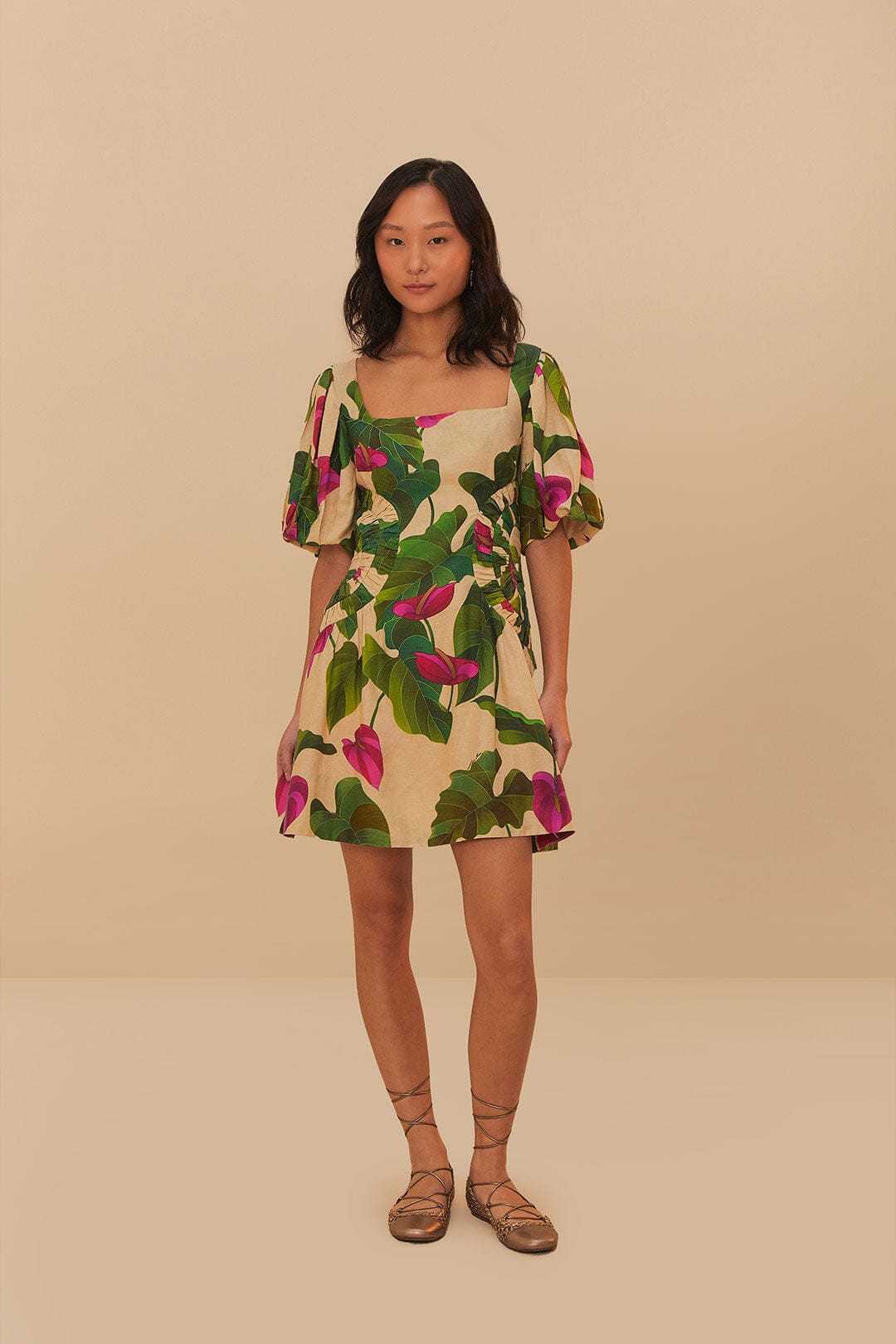 Sand Anthurium Leaves LENZING™ ECOVERO™ Euroflax™ Mini Dress | FarmRio (US)