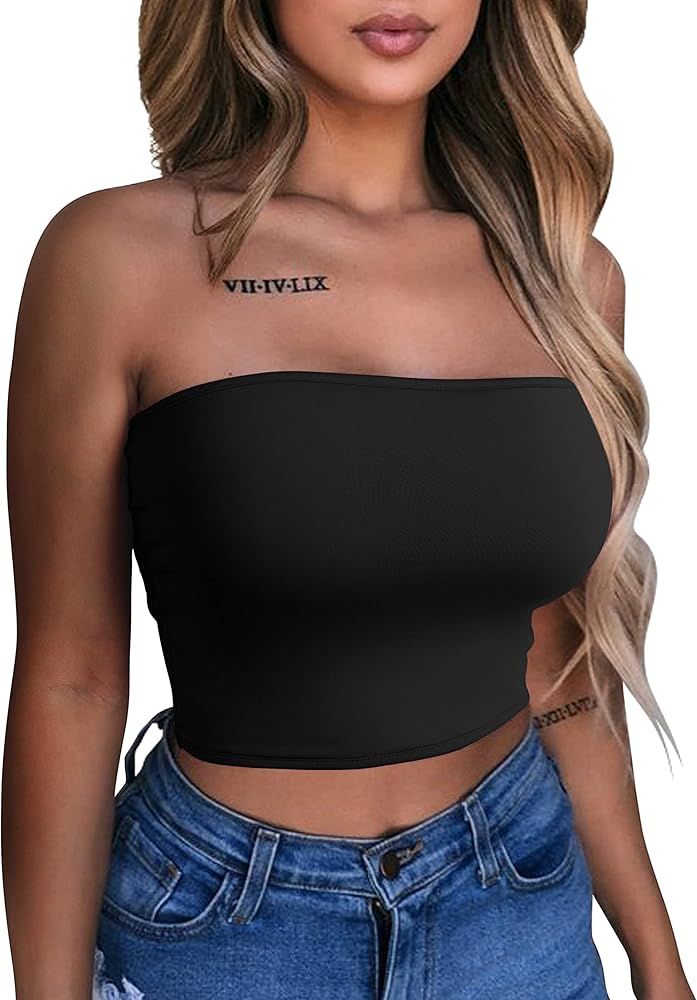 LAGSHIAN Women's Sexy Crop Top Sleeveless Stretchy Solid Strapless Tube Top | Amazon (US)