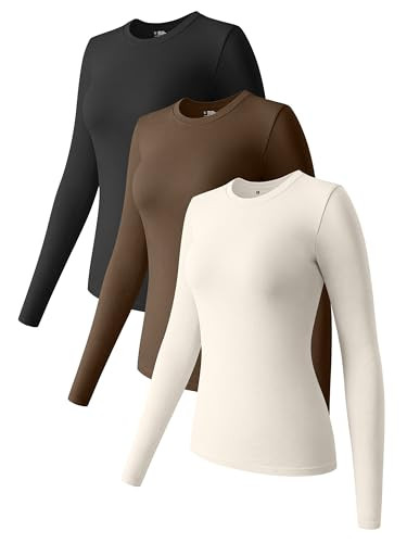 OQQ Womens 3 Piece Long Sleeve Tops Crew Neck Stretch Fitted Underscrubs Layer Tee Shirts 2025 Casual Outfits Black Coffee Beige | Amazon (US)