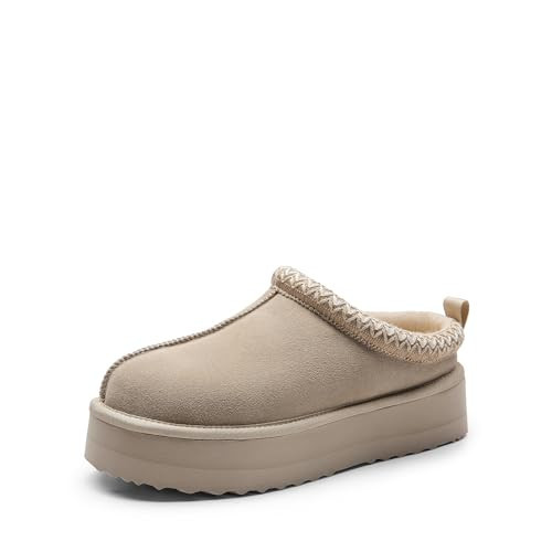 DREAM PAIRS Women's Slippers for Women Genuine Suede Platform Slip-on Warm Slippers Winter Fluffy Warm Comfy Furry Shoes for Outdoor Indoor FuzzyEasy,Size 10,Sand | Amazon (US)