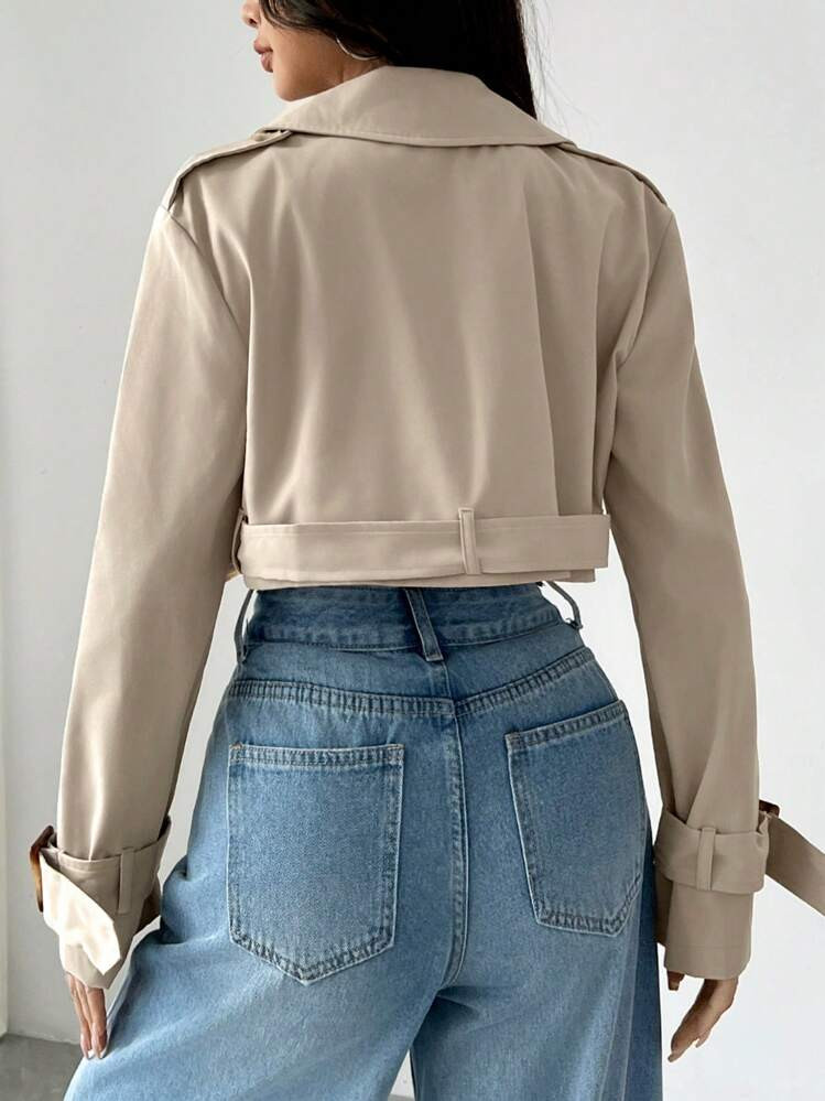 SHEIN EZwear Women's Notched Lapel Button Front Long Sleeve Short Trench Coat, For Daily Casual I... | SHEIN