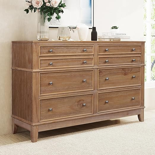 RUNNA Rustic 6-Drawer Chest, Chic Hazel Solid Wood Dresser with Silver Finish Handles, Large Stor... | Amazon (US)