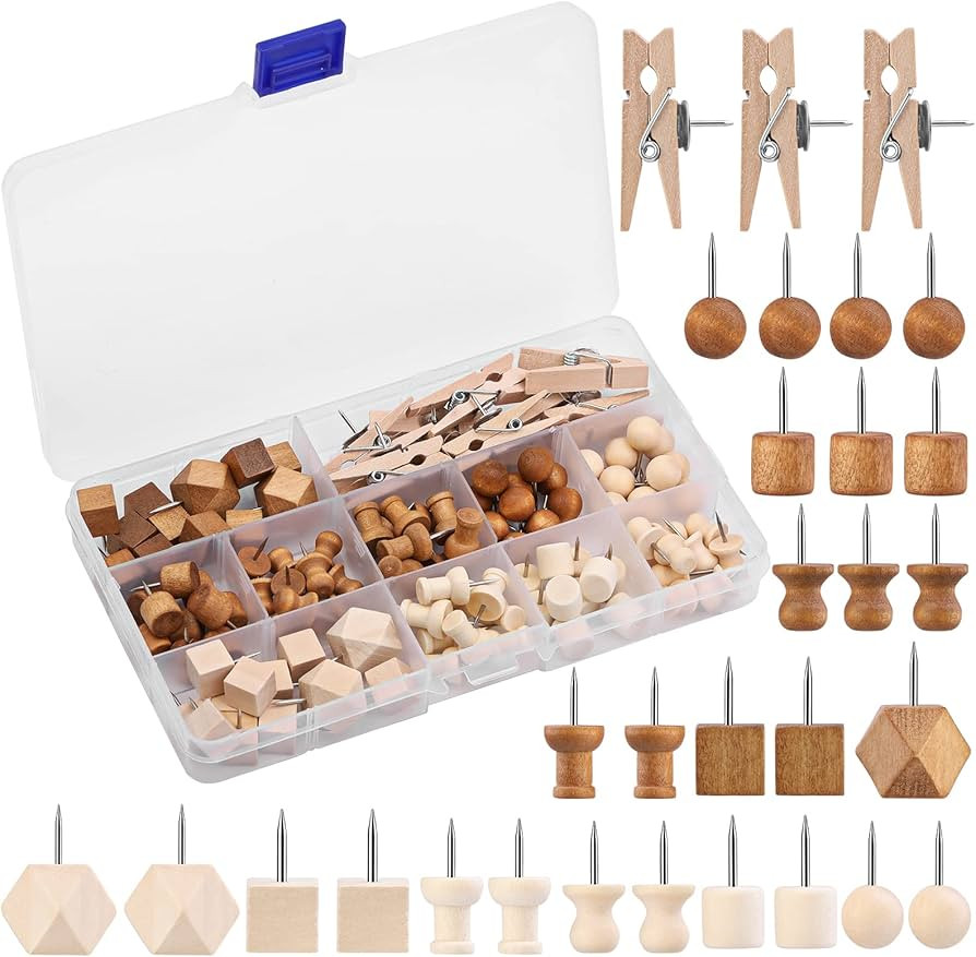 114 Pcs Wood Push Pins, 2 Colors and 7 Types Decorative Thumb Tacks Wooden Head Pin Wood Map Tack... | Amazon (US)
