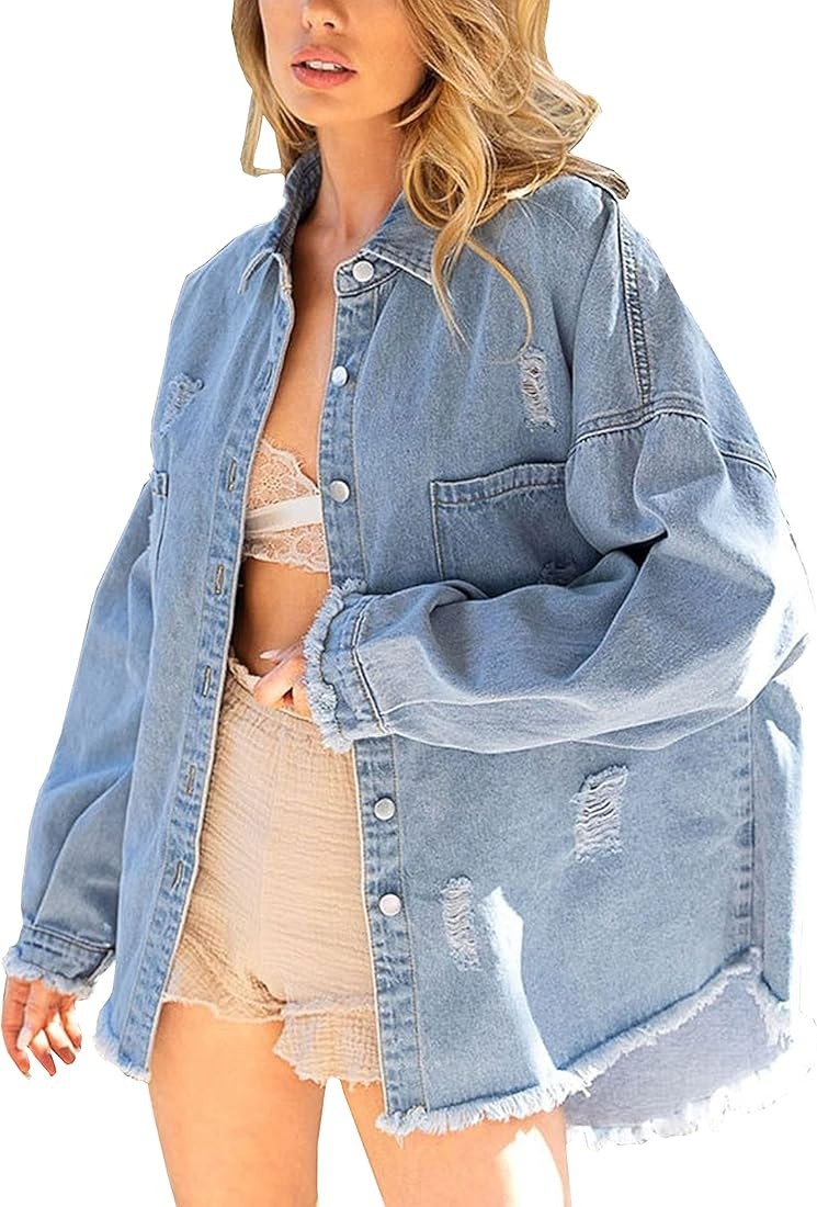 Lumister Womens Causal Oversized Soft Lightweight Distressed Jean Jacket Ripped Fringe Long Sleev... | Amazon (US)