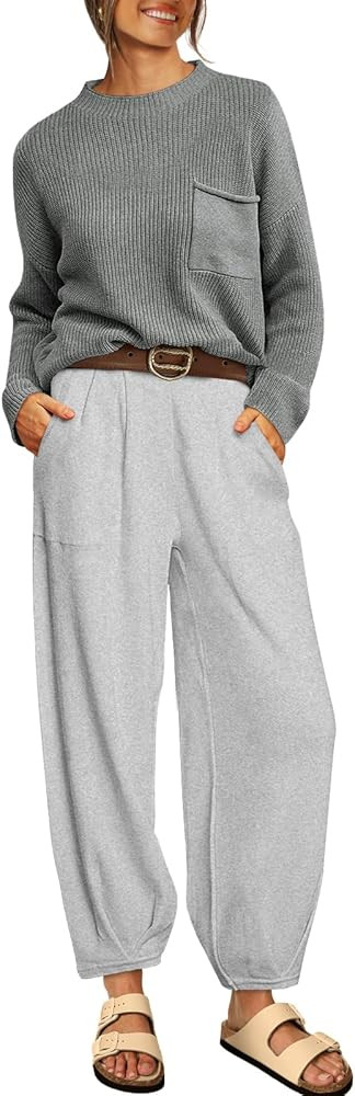 LILLUSORY 2 Piece Outfits For Women 2023 Fall Oversized Sweater Top And Pants Set | Amazon (US)