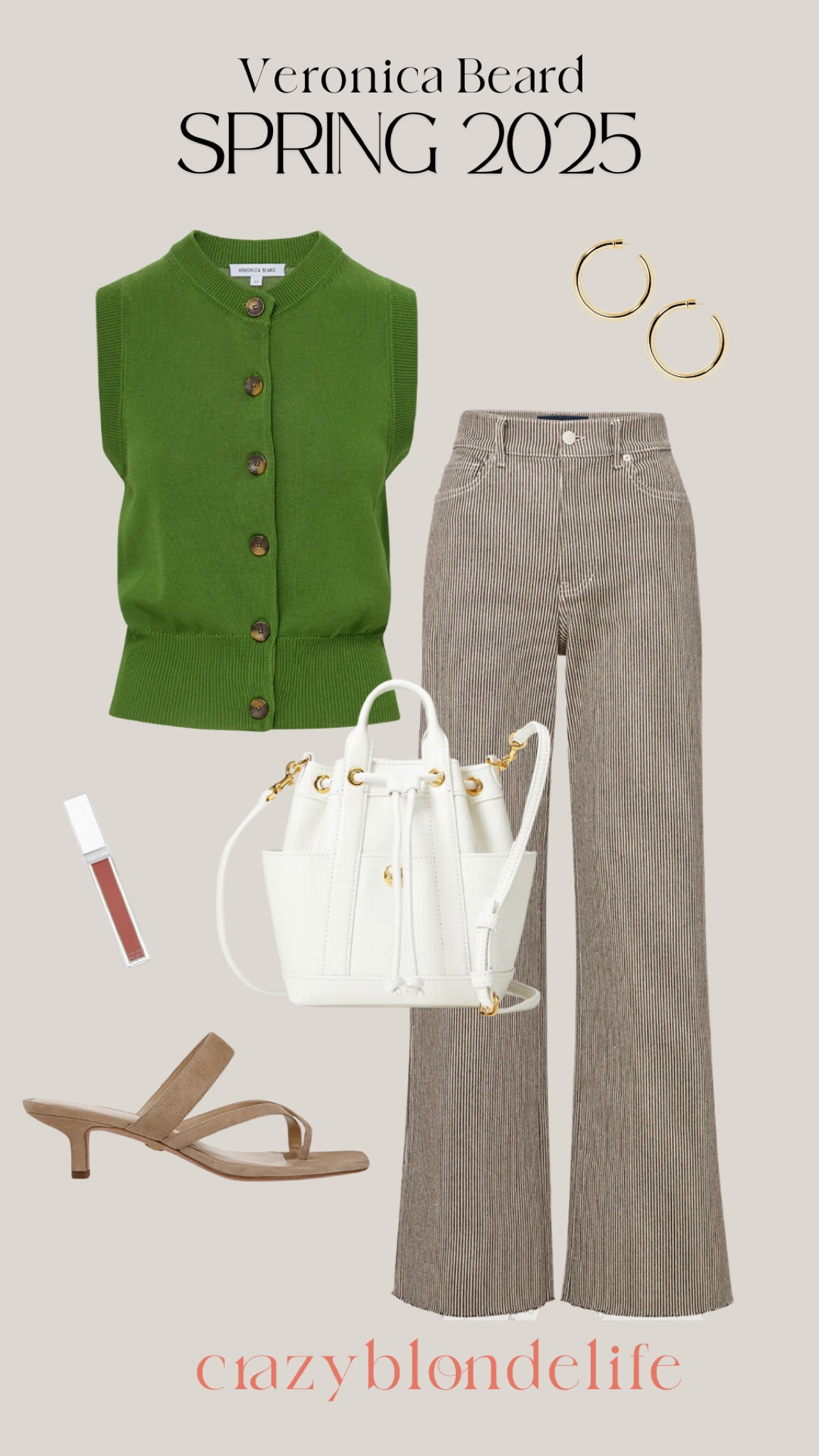 This Spring 2025 ensemble from Veronica Beard is the perfect blend of chic and casual. The centerpiece is a green sleeveless button-up cardigan, which offers a fresh pop of color. Paired with brown and white striped pants, the look achieves a stylish yet relaxed vibe. Accessories include a white bucket bag for a touch of modern elegance and beige heeled sandals that elongate the legs. This outfit is ideal for a casual date or a day out in the city.

#LTKMostLoved #LTKSpring #LTKStyleTip