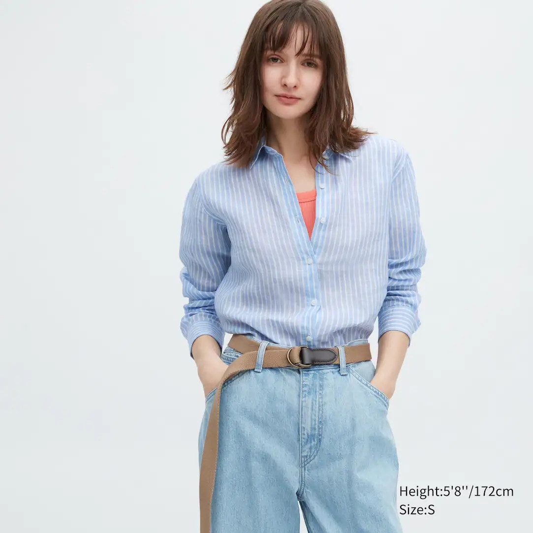 100% Premium Linen Striped Long Sleeved Shirt | UNIQLO (UK)