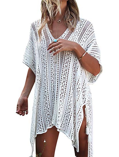 Jeasona Women's Bathing Suit Cover Up Beach Bikini Swimsuit Swimwear Crochet Dress (Off White, M)... | Amazon (US)
