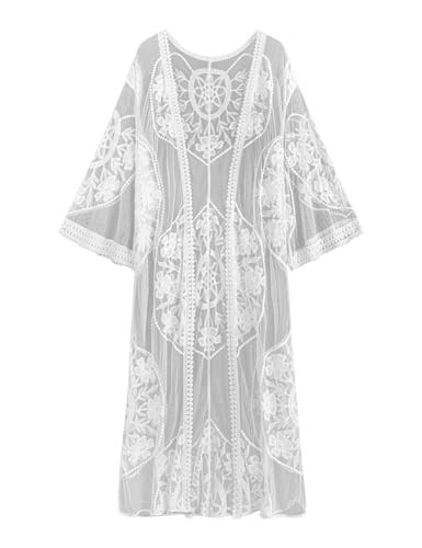 Women's White Lace Kimono Cardigan 3/4 Sleeve Floral Crochet Sheer Beach Cover Ups(One Size) | Amazon (US)