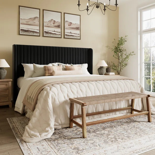 Candler Velvet Upholstered Platform Bed with Wingback Headboard and Wooden Slats | Wayfair North America