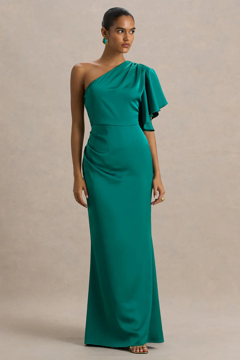 Unforgettable | Bottle Green Asymmetric-Neck Maxi Dress With Ruffled Detailing | Club L London