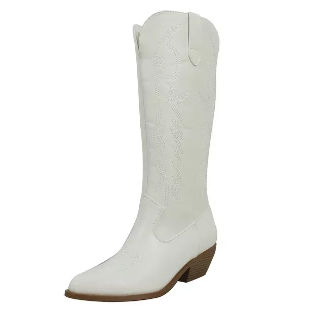 Soda Women's Faux Leather Cowboy Mid Block Heel Boots, White , 9 M US 