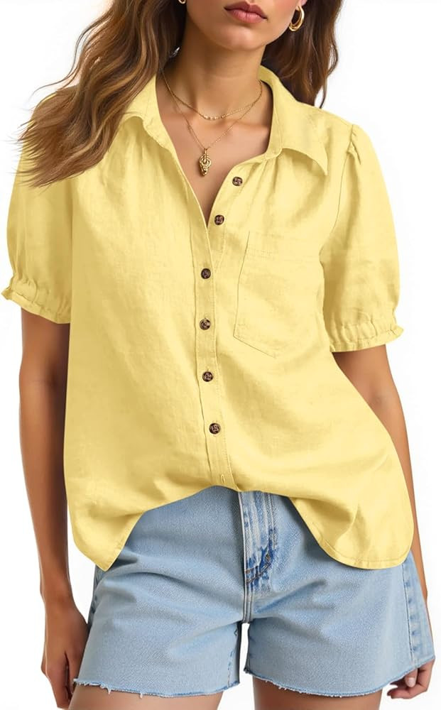 Cicy Bell Womens Puff Short Sleeve Button Down Shirts Summer Casual Collared V Neck Blouse Linen ... | Amazon (US)