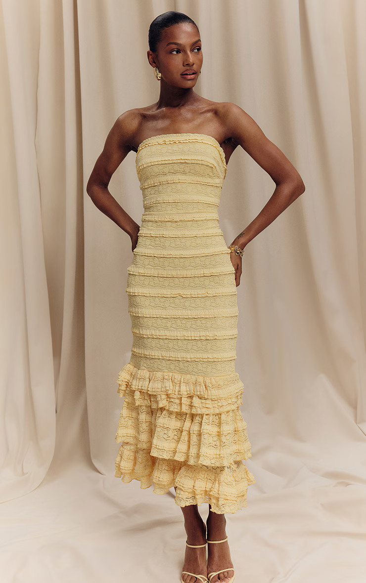 Lemon Textured Lace Frill Tiered Midaxi Dress | PrettyLittleThing US