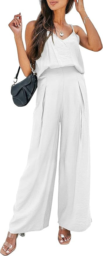 PRETTYGARDEN Women's Summer 2 Piece Set Sleeveless V Neck Cami Top Wide Leg Pants Loose Fit Casua... | Amazon (US)