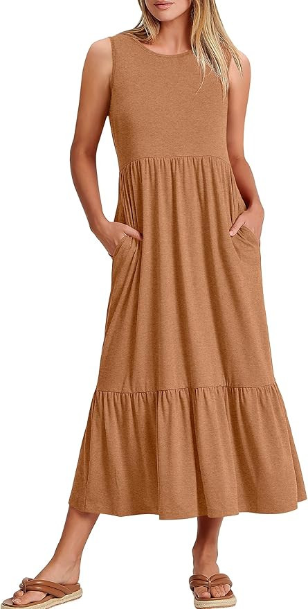 ANRABESS Women Summer Casual Sleeveless Crewneck Sundress Aline Flowy Tiered Maxi Long Beach Dres... | Amazon (US)