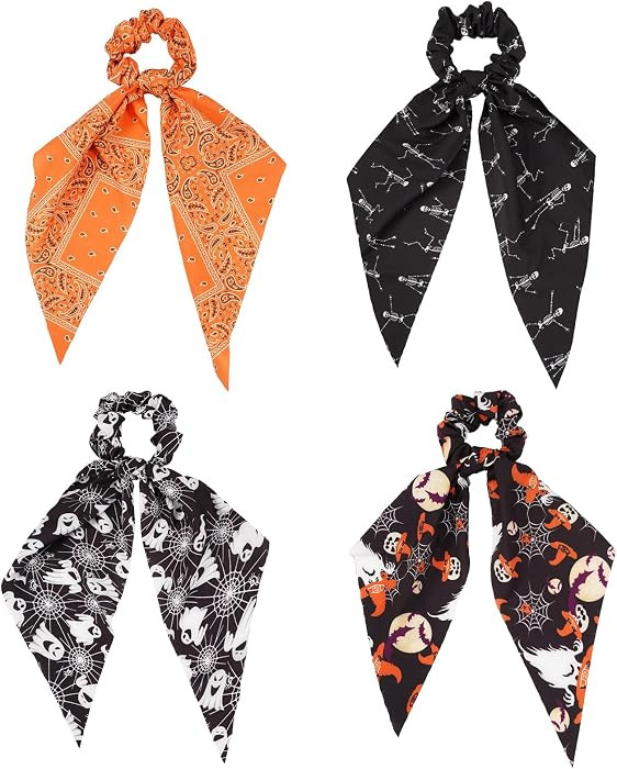 Halloween Scrunchies Hair Scarf Pumpkin Bats Spider Skeleton Ghost Ponytail Holder Hair Ties with... | Amazon (US)