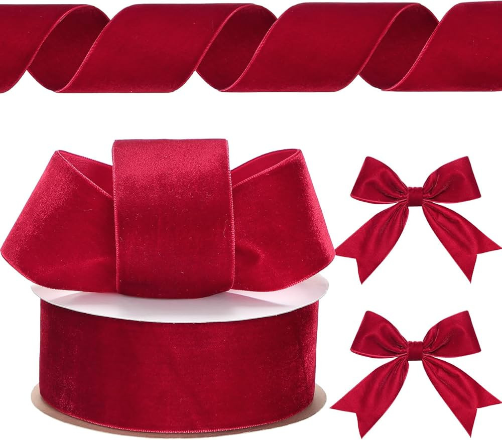 Chuangdi 1 Roll 2 Inch, 10 Yard Christmas Velvet Ribbon Vintage Burgundy Wide Ribbons for Gift Wr... | Amazon (US)