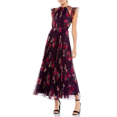 Mac Duggal Floral Flutter Sleeve Midi Dress in Plum Multi at Nordstrom, Size Large | Nordstrom