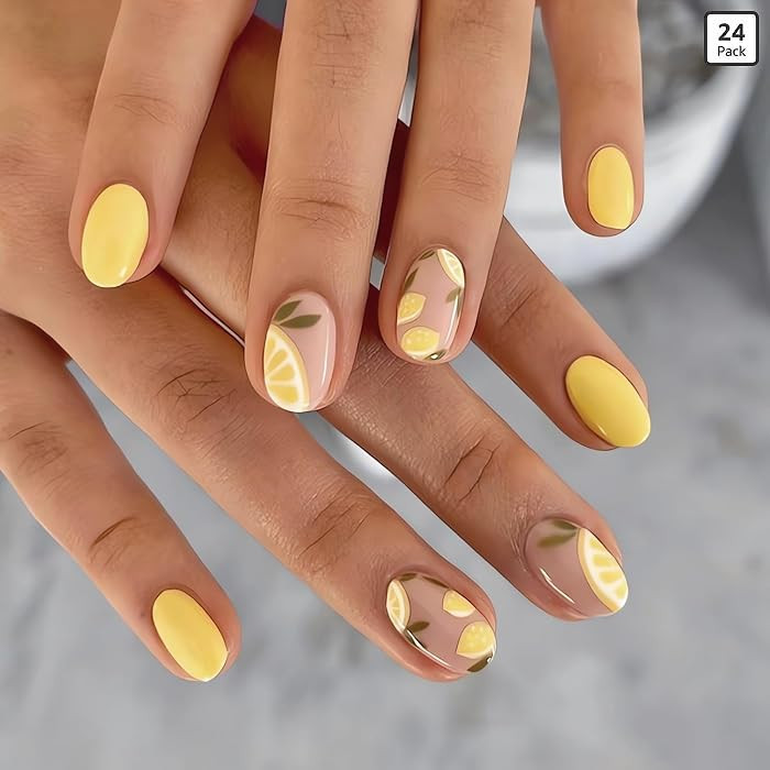 IMSOHOT Yellow Oval Press on Nails Summer Short French Tip Fake Nails Cute Lemon Pattern False Na... | Amazon (US)