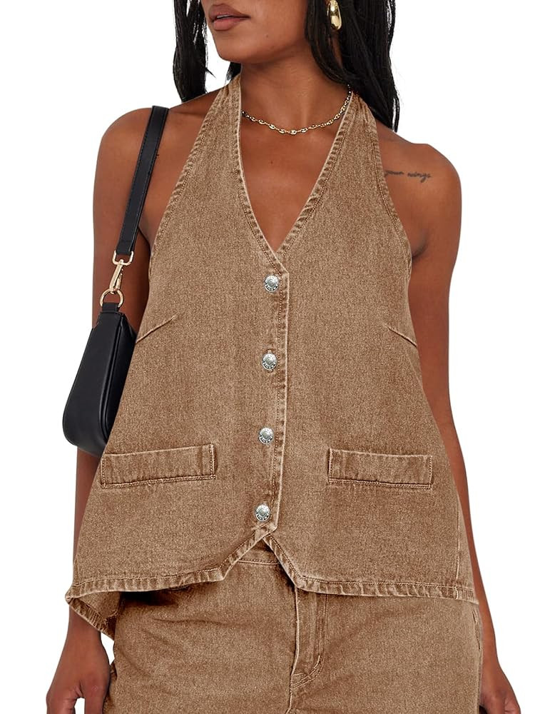 Tankaneo Womens Halter Denim Vest Tops Summer Open Back Y2K Going Out Tank Tops V Neck Button Dow... | Amazon (US)