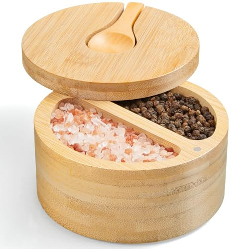 OUTNILI 2-Compartment Salt Box with Lid and Spoon, Bamboo Salt Cellar with Swivel Lid, Salt and Pepper Bowls for Salt & Spices, Dual 6 oz Salt Container | Amazon (US)