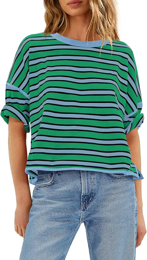 Panadila Womens Striped Shirt Short Sleeve Tops Summer Casual Oversized Tshirts Crew Neck Boxy Te... | Amazon (US)