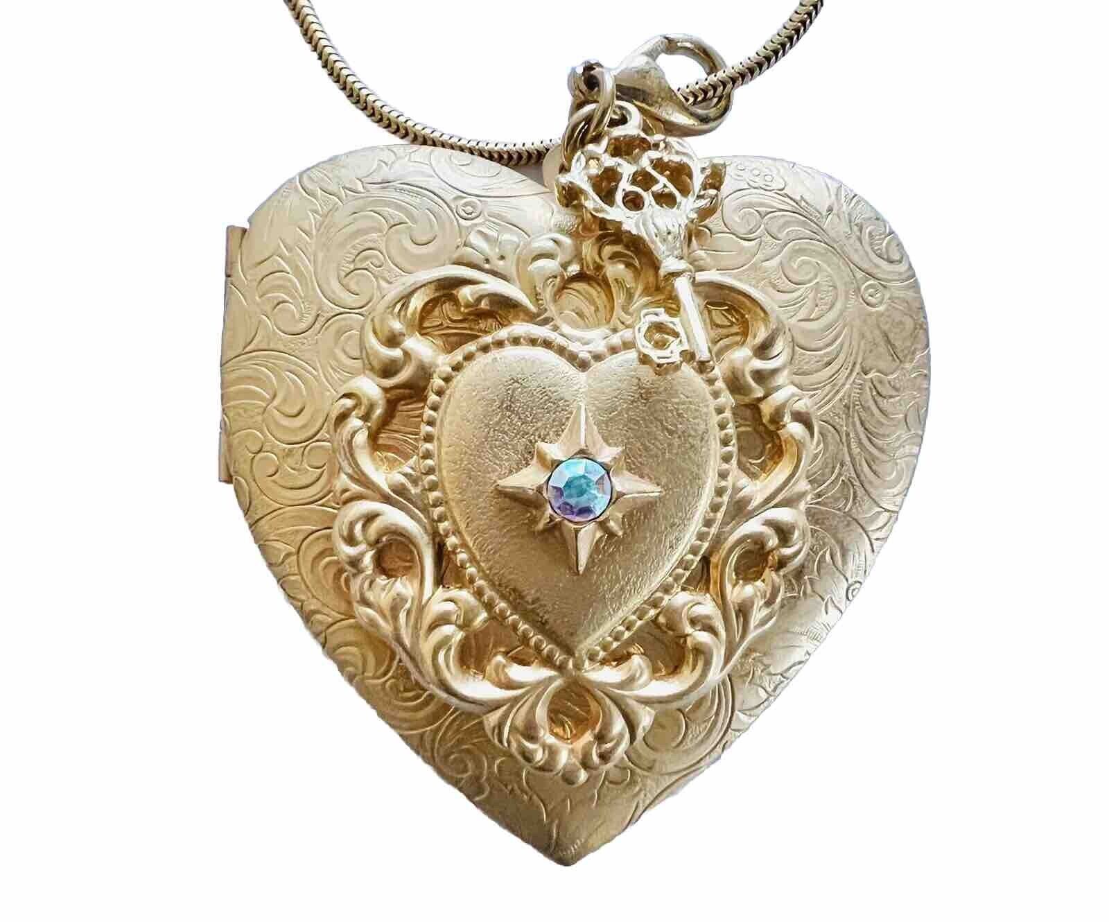 Large Kirks Folly Gold Tone Double Heart Locket Necklace With Key AB Crystal  | eBay | eBay US