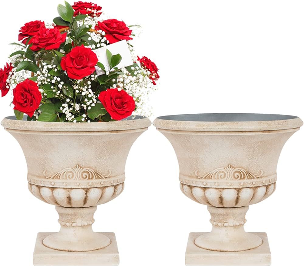 Worth Garden Set of 2 Short Urn Planters for Outdoor Plants 16 Inch Classic Traditional Resin Flo... | Amazon (US)