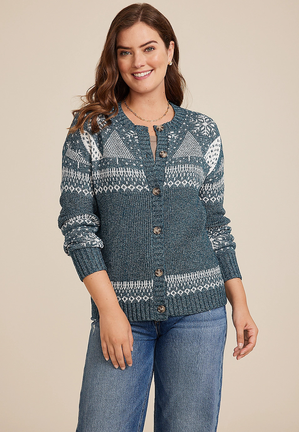 Holiday Fair Isle Button Front Cardigan | Maurices