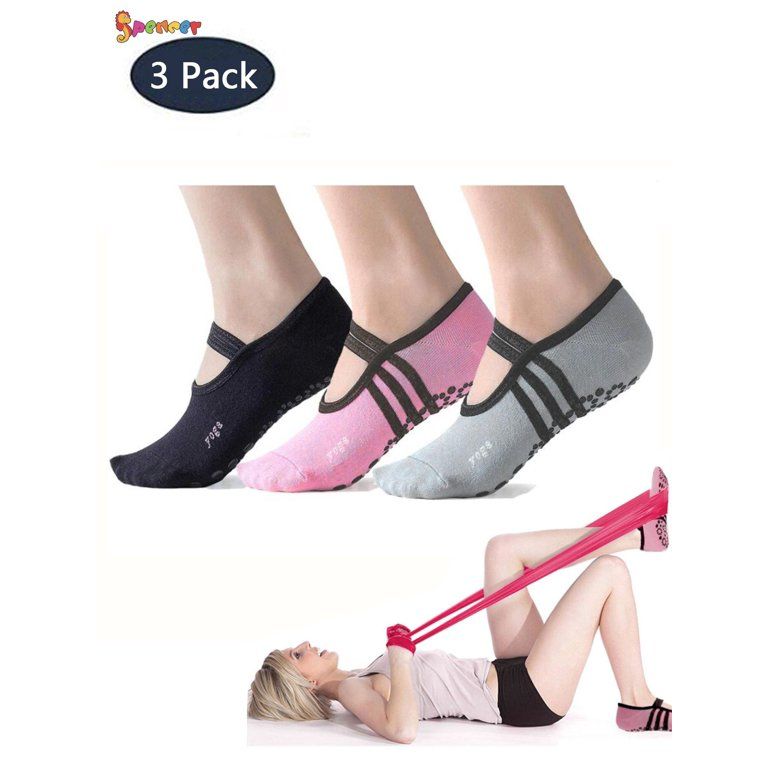Spencer Pack of 3 Non-Slip Yoga Sock for Women, Anti-Skid Pilates Barre Socks with Grips & Straps... | Walmart (US)