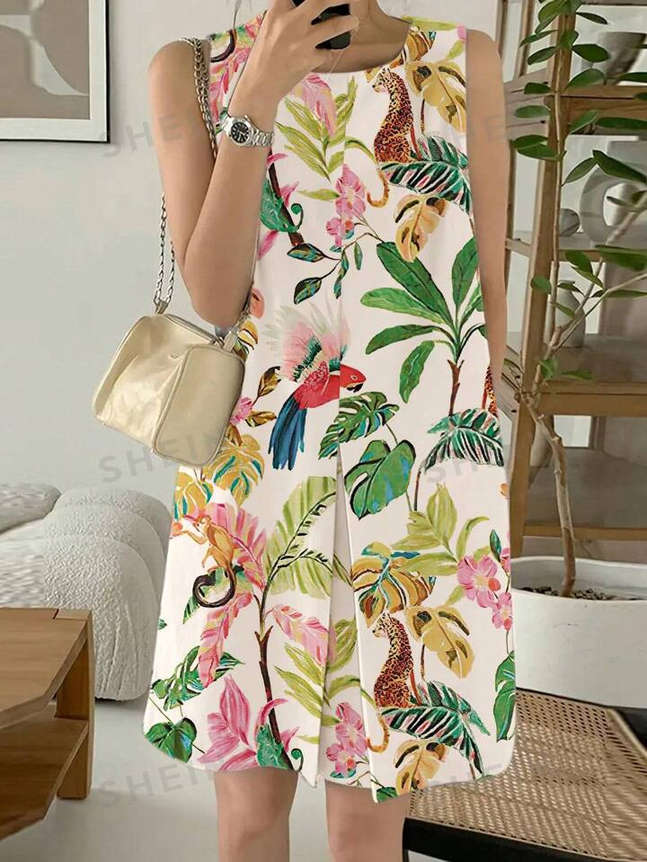 SHEIN VCAY Women's Round Neck Leaf Print Casual Holiday Summer Dress | SHEIN