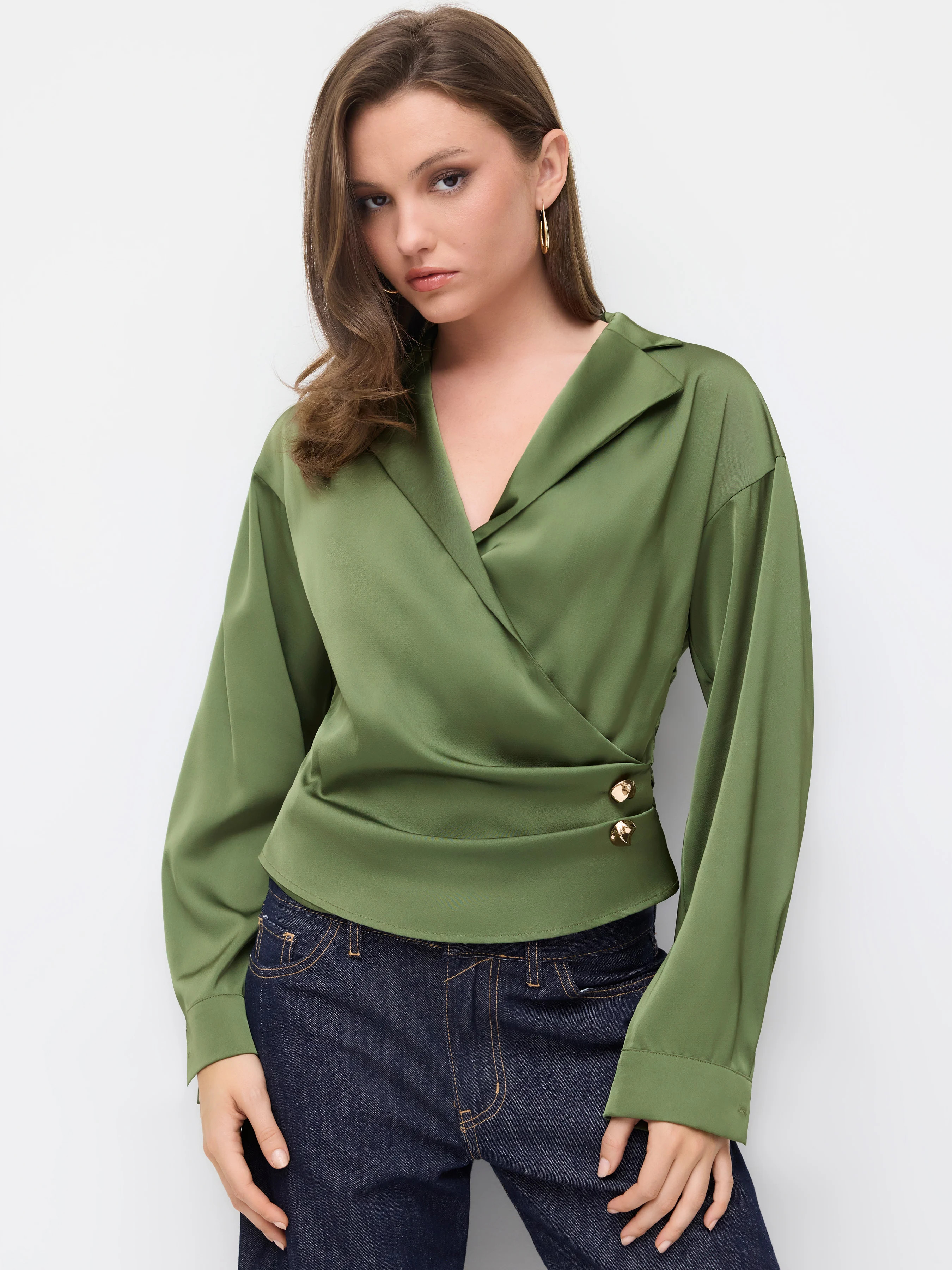 Metal Detail Ruched Wrap Long Sleeve Blouse | Cider