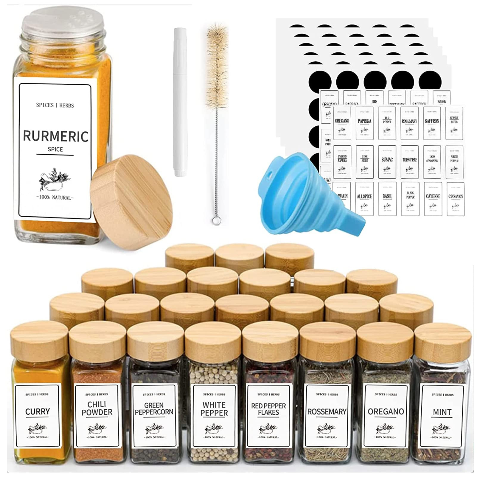 Yibaodan 25 Spice Jars with Labels And Bamboo Lids, 4OZ , Glass Spice Containers with Shaker xLid... | Amazon (UK)